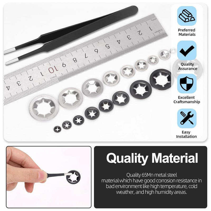 Glarks 209pcs 65Mn-Steel Internal Tooth Star Lock Washer and 304 Stainless Steel Quick Speed Locking Washer Assortment Kit 9 Sizes Push on Locking Washers with Tweezers for Machinery Manufacturing - Image 5